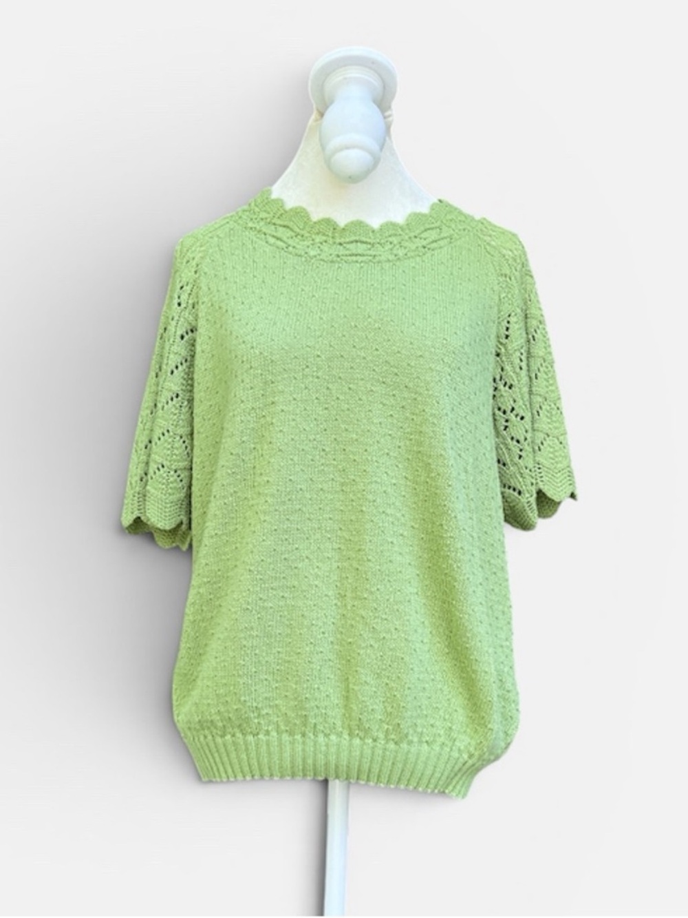Vtg Haband Pointelle Knit Scalloped Short Sleeve Sweater in Green Sz L